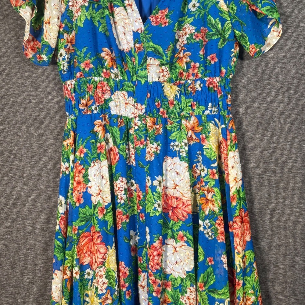 Kensie Blue Floral Swiss Dot Smocked Waist High Low Midi Dress Size 8 - Picture 3 of 9